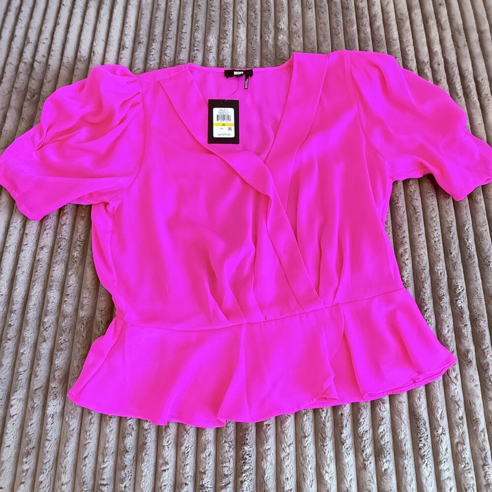 DKNY Shocking Pink Surplice Peplum Blouse Puff Sleeve Women’s M NWT